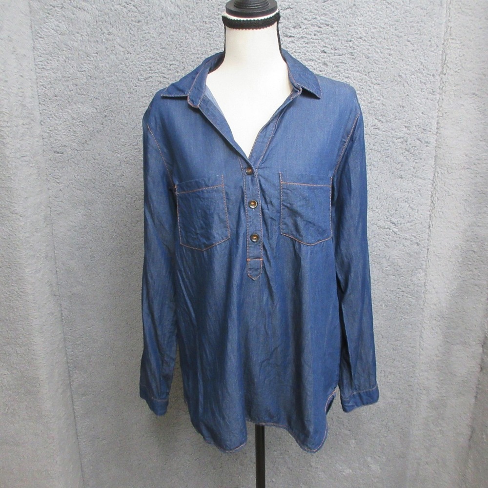 Comme‎ Toi Chambray Popover Shirt Women L Blue Denim Roll Tab Casual Lightweight